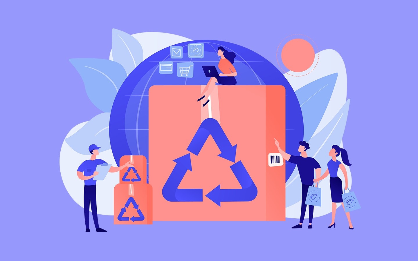 Recycling symbol with start-up entrepreneurs promoting eco-friendly business practices.