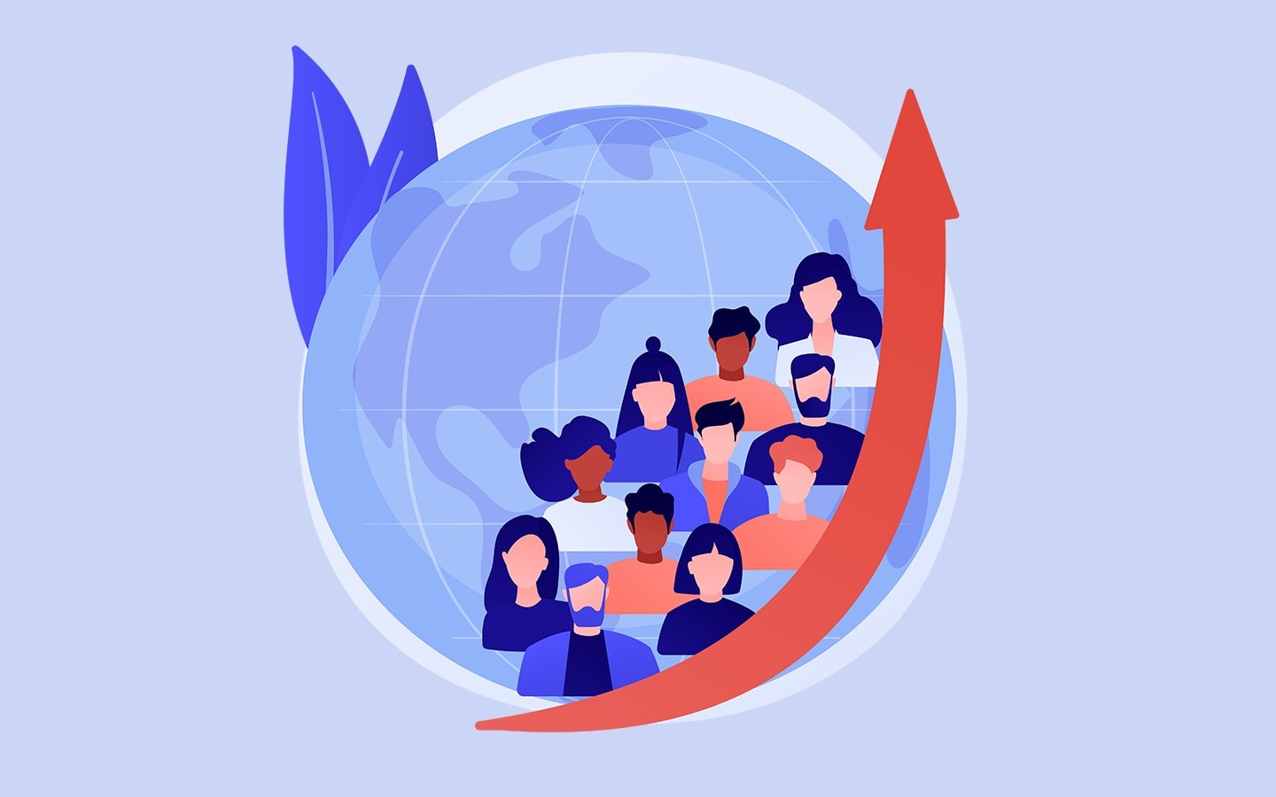 Diverse group of entrepreneurs with a globe and upward arrow, promoting eco-friendly start-up market.