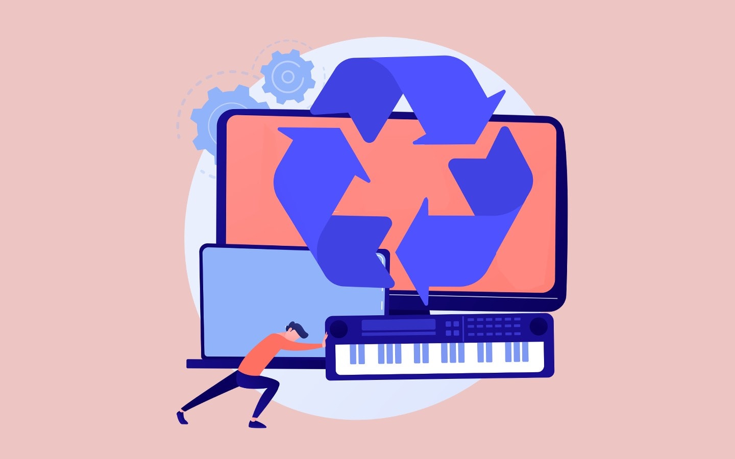 Recycling symbols integrated with digital devices highlight sustainable marketing strategies.