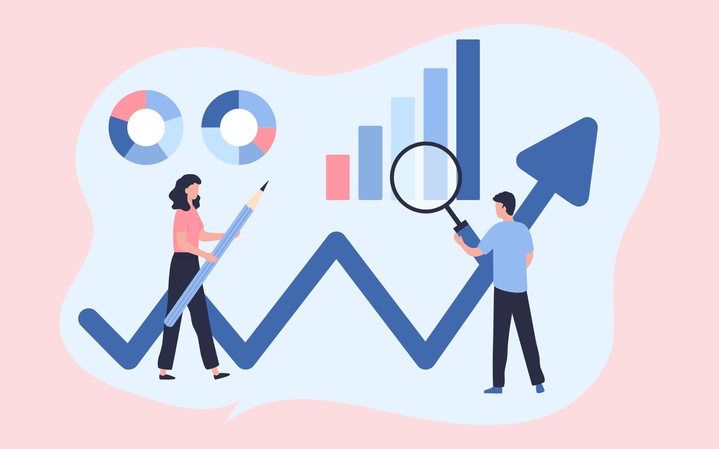 Cartoon people surrounded by graphs