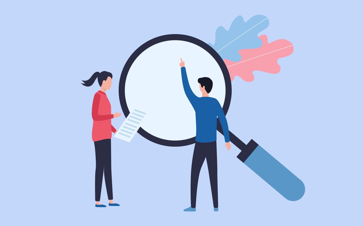 Cartoon people looking with a giant magnifying glass