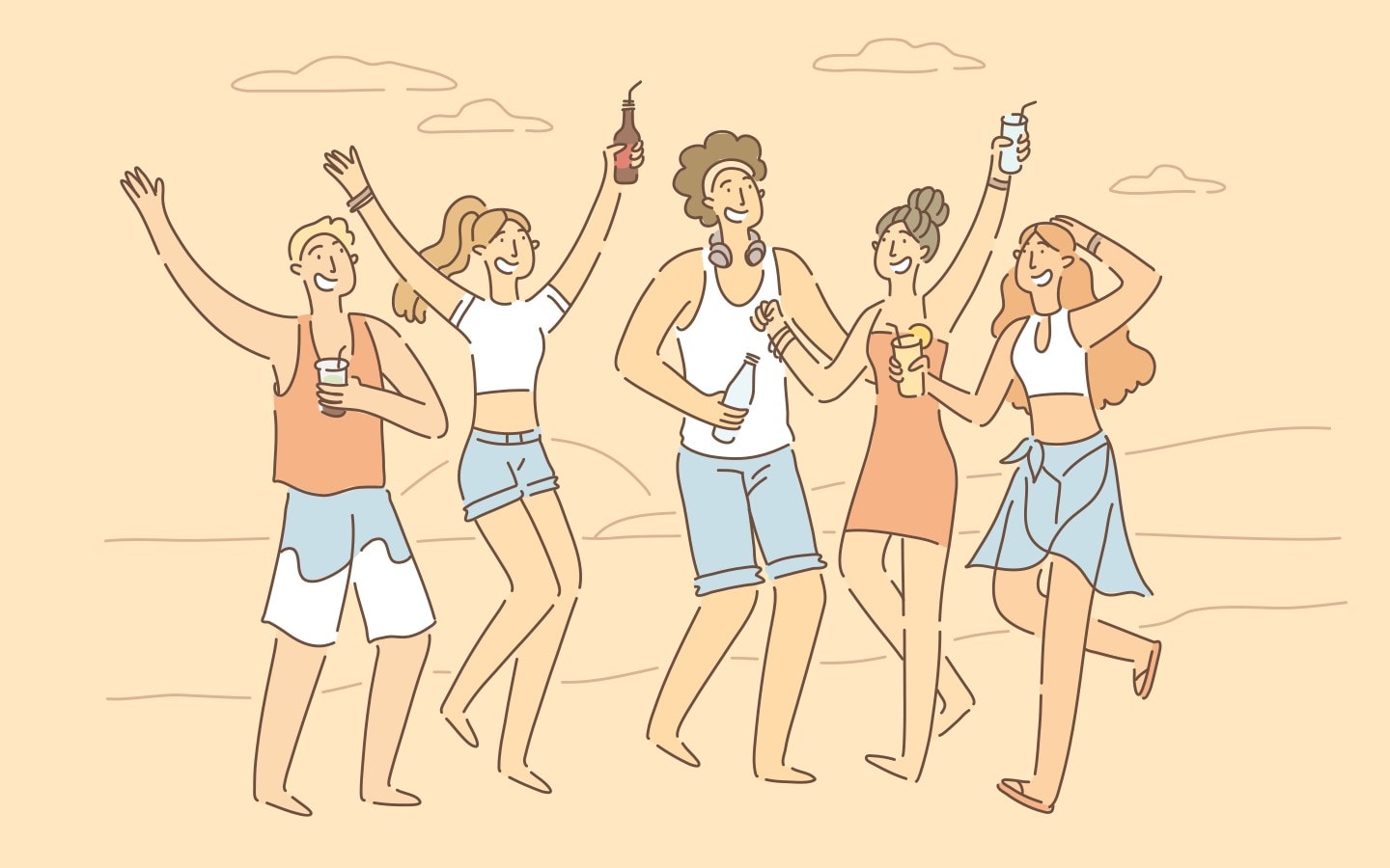 Group of friends enjoying beer and dancing at a social event, promoting brewery social media engagem.