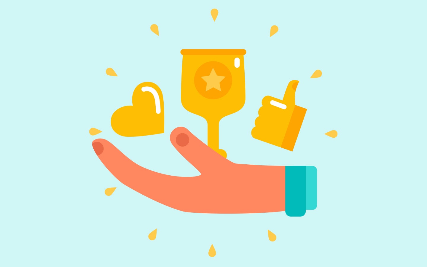 Engaged client with content marketing icons including a trophy, heart, and thumbs-up for law firm br.