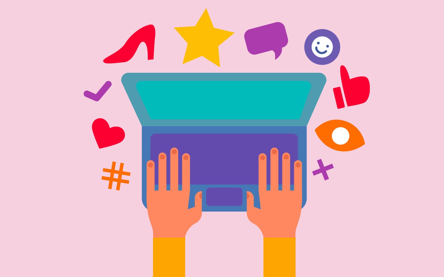 Digital marketing strategy with hands typing on a laptop surrounded by icons, for law firm branding.