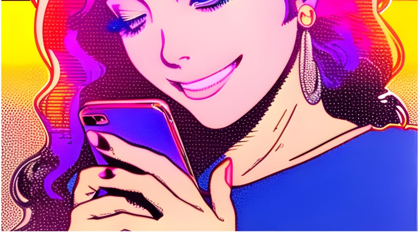 Woman smiling while using her smartphone, colourful pop art style.
