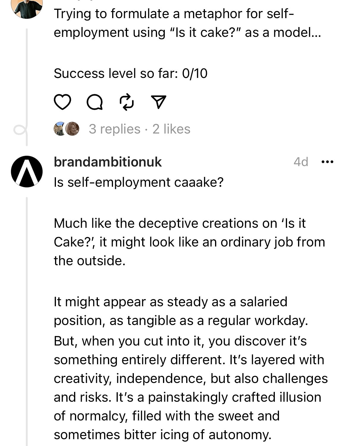 Self employment metaphor for cake analogy in business.