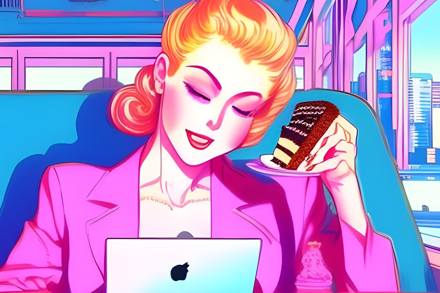 Woman enjoying cake while working on a laptop during self-employment.