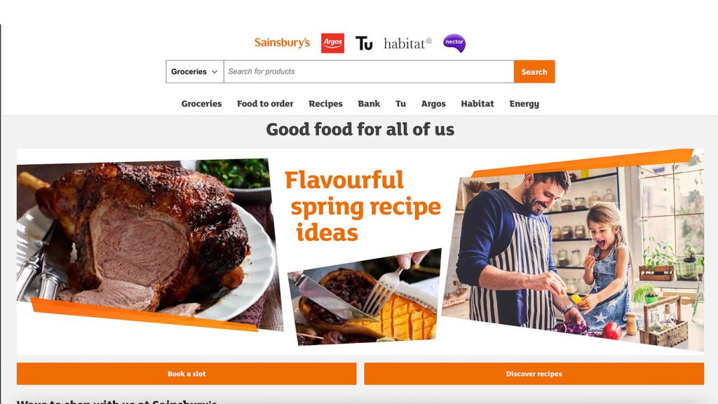 A screenshot of the sainsburys website homepage