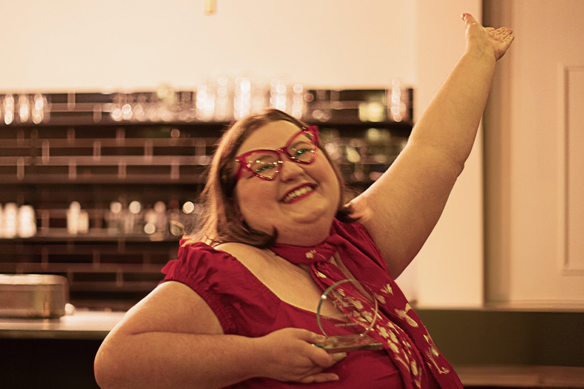 Sophie Wright celebrating her award at The Coders Guild Awards.